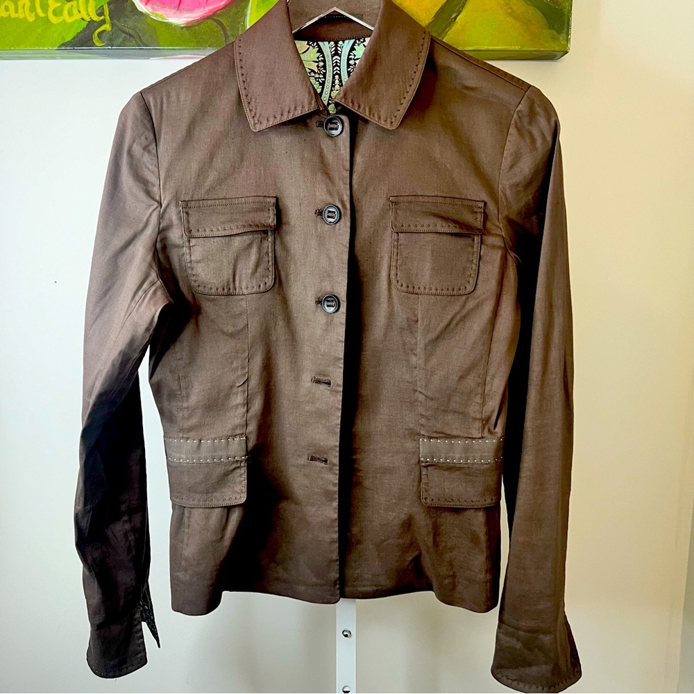 Elie Tahari Lightweight Brown Linen Jacket Shacket Blazer Size 6